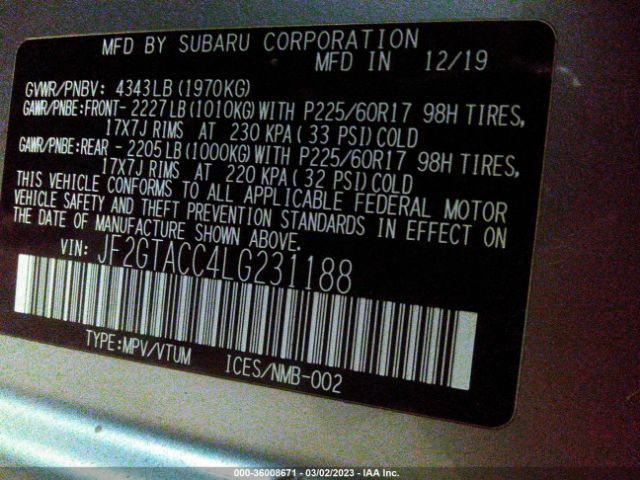 JF2GTACC4LG231188 Subaru Crosstrek Premium