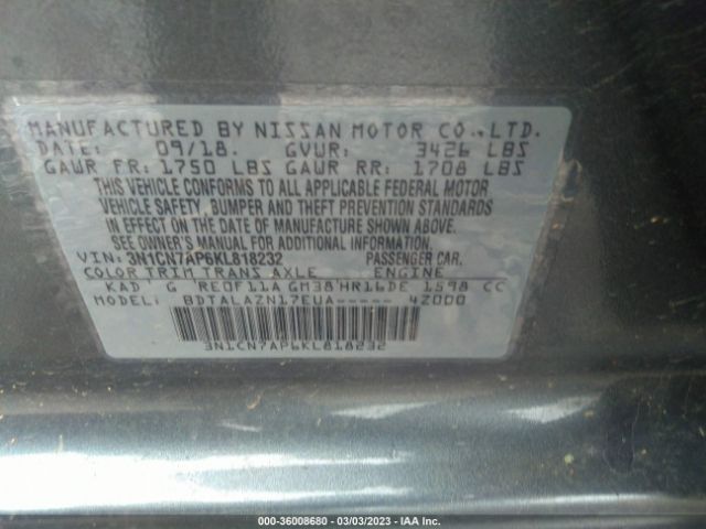 3N1CN7AP6KL818232 Nissan Versa Sedan S Plus