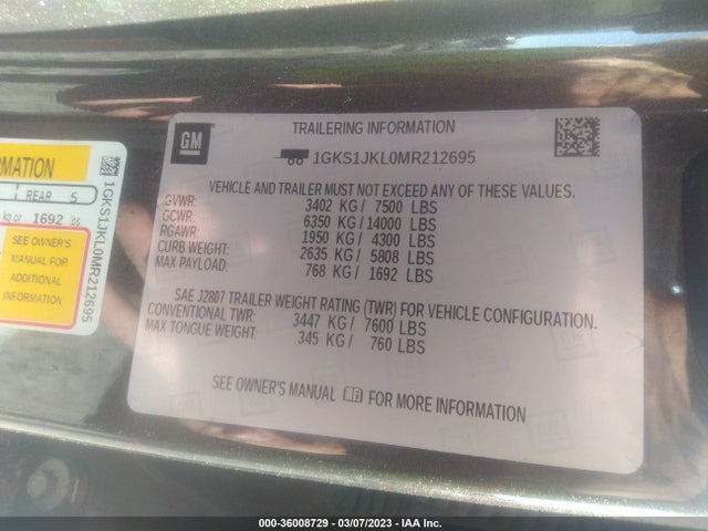 36008729 :رقم المزاد ، 1GKS1JKL0MR212695 vin ، 2021 Gmc Yukon Xl Denali مزاد بيع