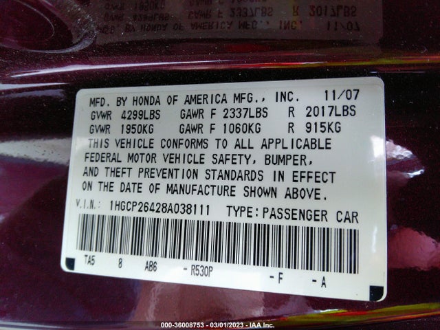 2008 HONDA ACCORD SDN LX-P VIN: 1HGCP26428A038111