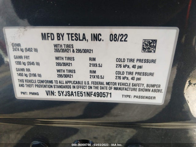 2022 Tesla Model S, VIN: 5YJSA1E51NF490571