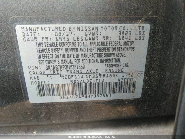 2017 NISSAN SENTRA SV VIN: 3N1AB7AP3HY387859