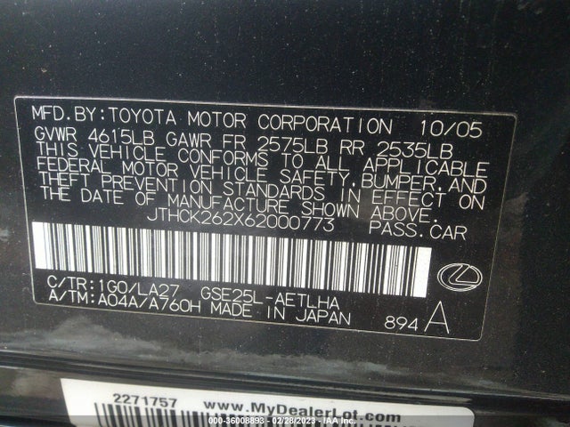 JTHCK262X62000773 Lexus Is 250 Auto