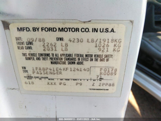 1989 FORD MUSTANG LX VIN: 1FABP41E4KF124140