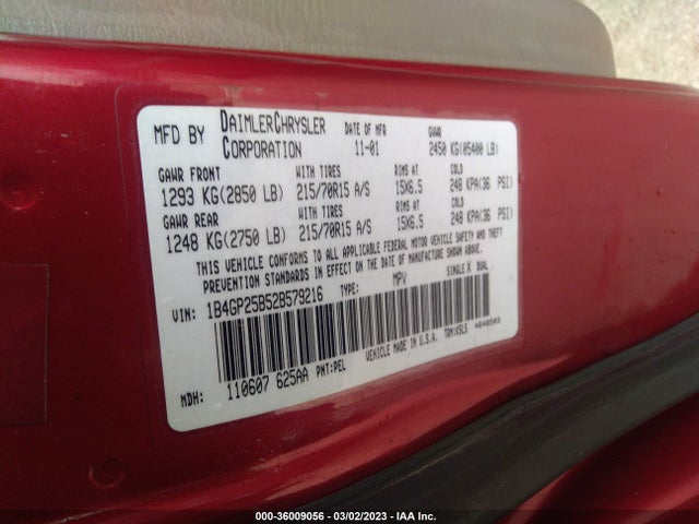 2002 DODGE CARAVAN SE VIN: 1B4GP25B52B579216