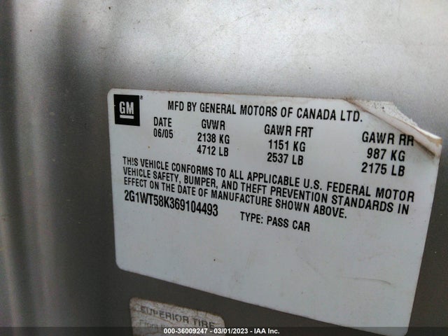 2006 CHEVROLET IMPALA LT 3.5L VIN: 2G1WT58K369104493