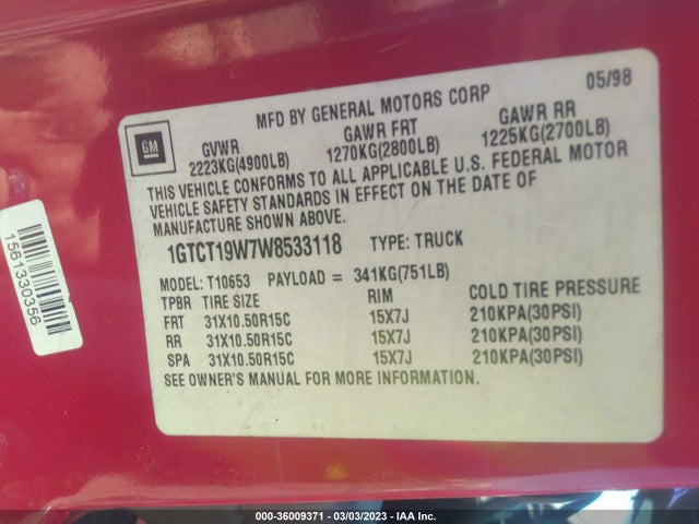 GMC Sonoma Sls 1998 1GTCT19W7W8533118 Image 10
