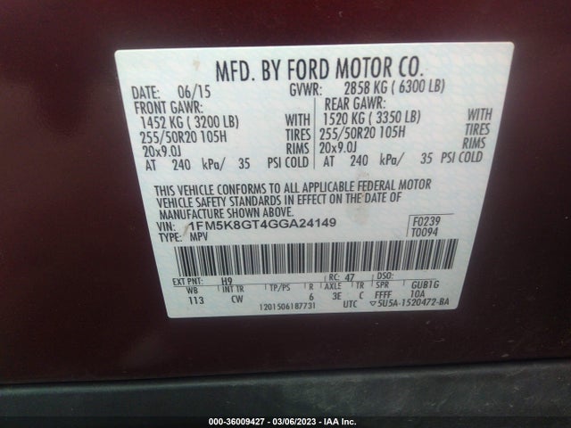2016 FORD EXPLORER SPORT VIN: 1FM5K8GT4GGA24149