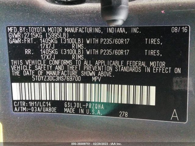 5TDYZ3DC3HS769700 Toyota Sienna Xle 8 Passenger
