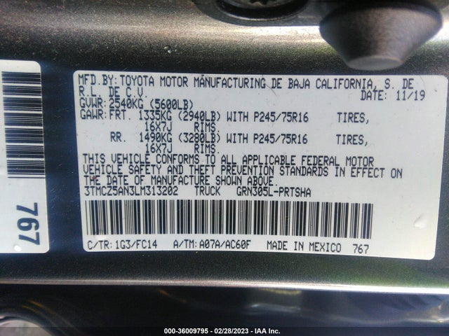 2020 TOYOTA TACOMA 4WD SR5/TRD SPORT VIN: 3TMCZ5AN3LM313202