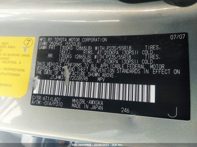JTJHW31U972038598 Lexus RX 400H