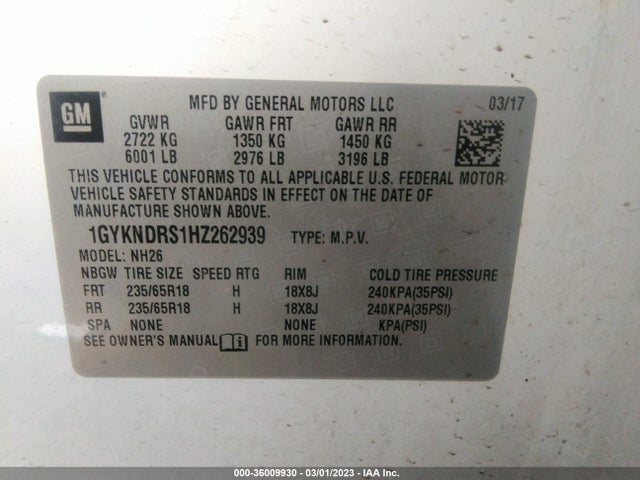 1GYKNDRS1HZ262939 Cadillac Xt5 Luxury Awd
