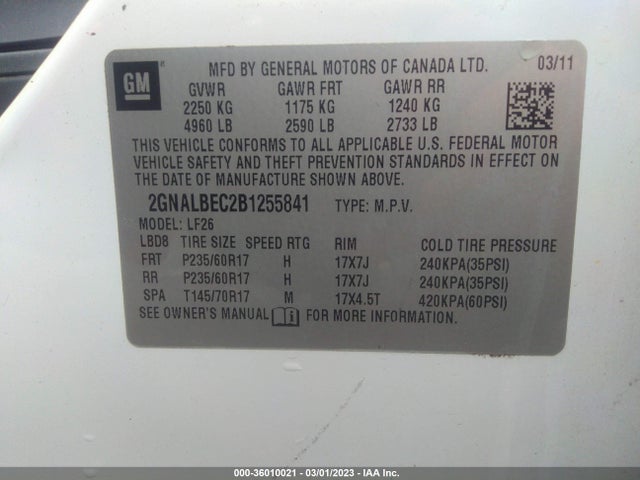 2011 CHEVROLET EQUINOX LS VIN: 2GNALBEC2B1255841
