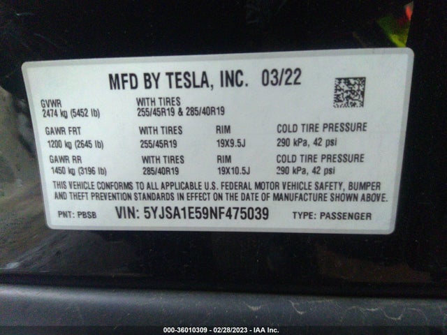 2022 Tesla Model S, VIN: 5YJSA1E59NF475039