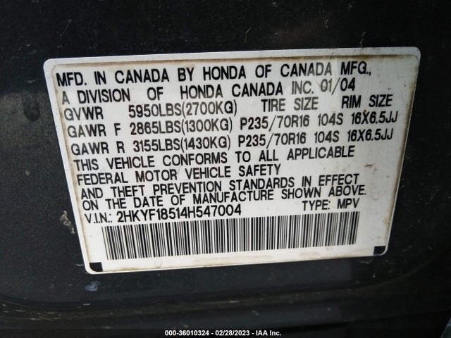 2004 HONDA PILOT EX VIN: 2HKYF18514H547004