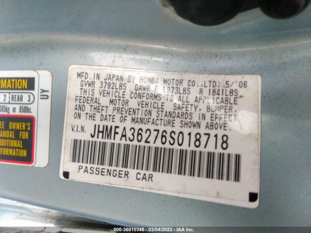 Honda CIVIC HYBRID 2006 JHMFA36276S018718 Image 10