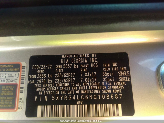 2022 Kia Sorento, VIN: 5XYRG4LC6NG108687