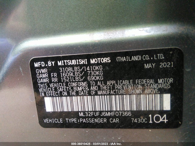 ML32FUFJ6MHF07366 Mitsubishi Mirage G4 Es/le/carbonite Edition