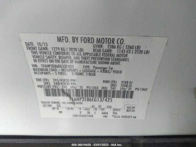 Ford TAURUS SEL 2014 1FAHP2E86EG137425 Image 10