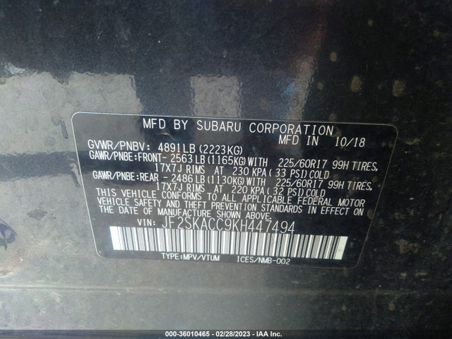 2019 Subaru Forester, VIN: JF2SKACC9KH447494