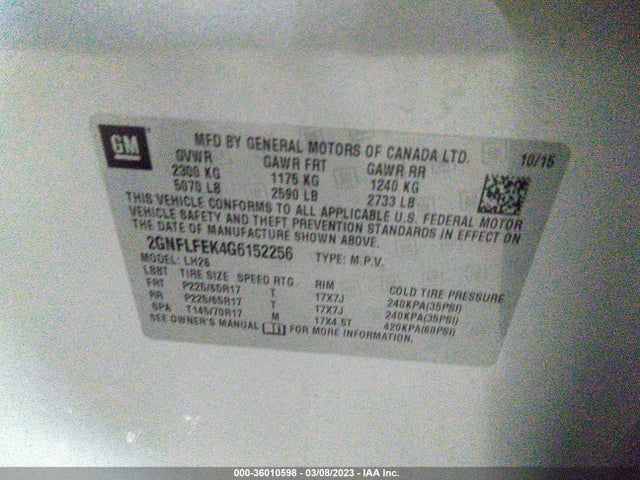 Chevrolet EQUINOX LT 2016 2GNFLFEK4G6152256 Image 11