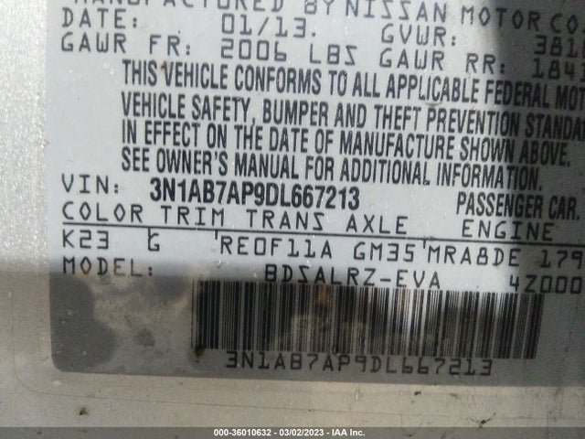 2013 NISSAN SENTRA SR VIN: 3N1AB7AP9DL667213