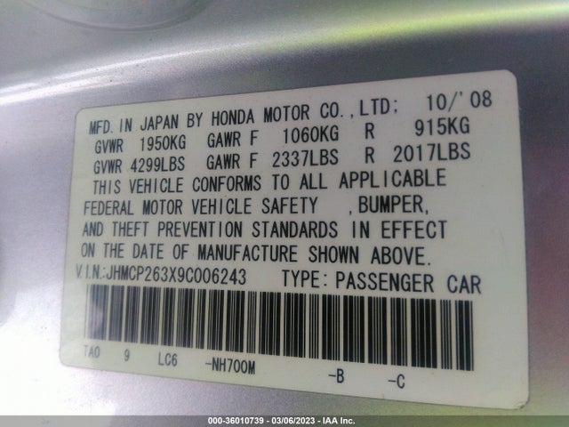 36010739 :رقم المزاد ، JHMCP263X9C006243 vin ، 2009 Honda Accord Sdn Lx مزاد بيع