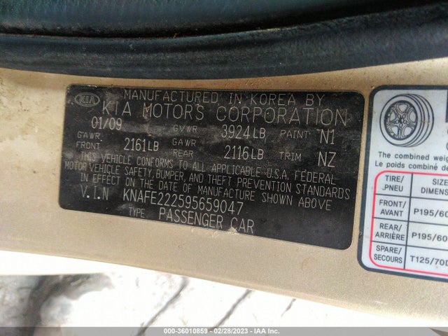 2009 KIA SPECTRA EX VIN: KNAFE222595659047