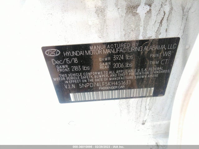 2019 HYUNDAI ELANTRA SE VIN: 5NPD74LF5KH451631