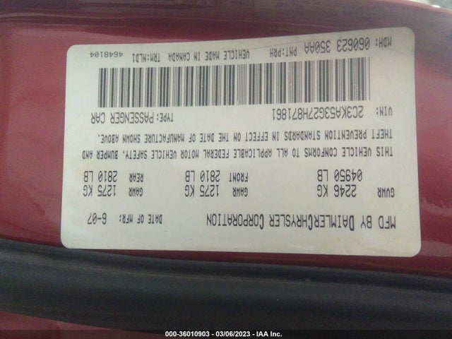 2007 CHRYSLER 300 LIMITED VIN: 2C3KA53G27H871861