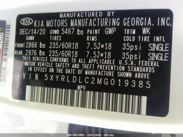 5XYRLDLC2MG019385 KIA SORENTO S