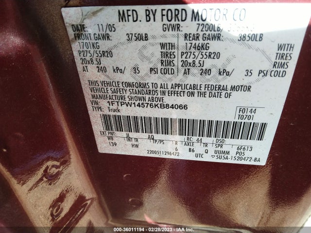 2006 FORD F-150 XLT/FX4/LARIAT/KING RANCH VIN: 1FTPW14576KB84066