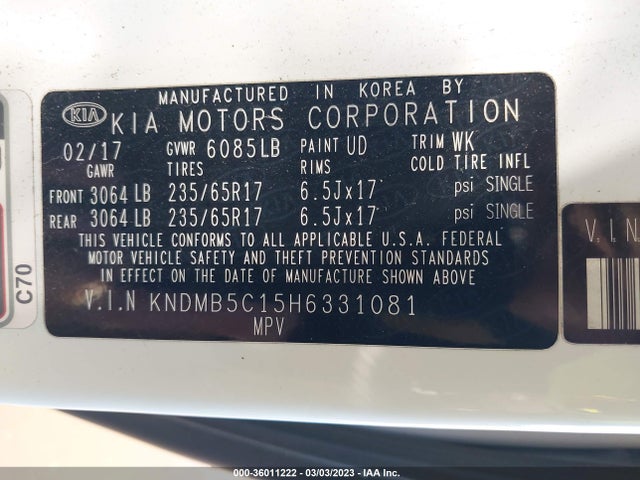2017 KIA SEDONA LX VIN: KNDMB5C15H6331081