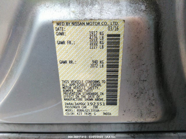 2016 NISSAN ALTIMA 2.5 VIN: 1N4AL3AP0GC192351