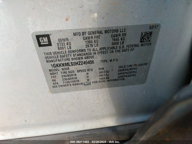 GMC ACADIA SLT 2017 1GKKNMLS0HZ249456 Image 9