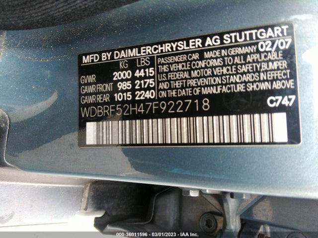 2007 MERCEDES-BENZ C-CLASS 2.5L SPORT VIN: WDBRF52H47F922718