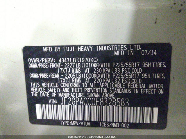 2014 SUBARU XV CROSSTREK PREMIUM VIN: JF2GPACC0E8328583
