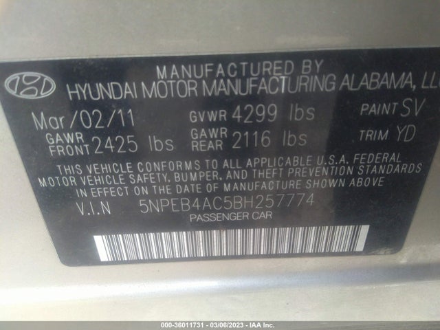 2011 HYUNDAI SONATA GLS PZEV VIN: 5NPEB4AC5BH257774