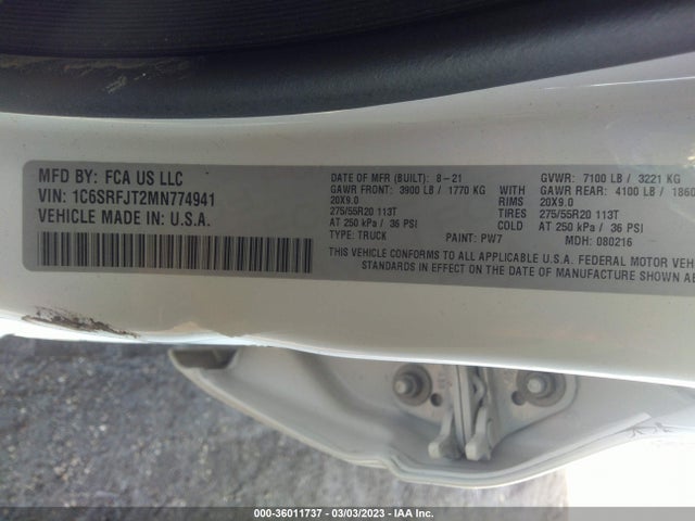 2021 RAM 1500 LARAMIE VIN: 1C6SRFJT2MN774941