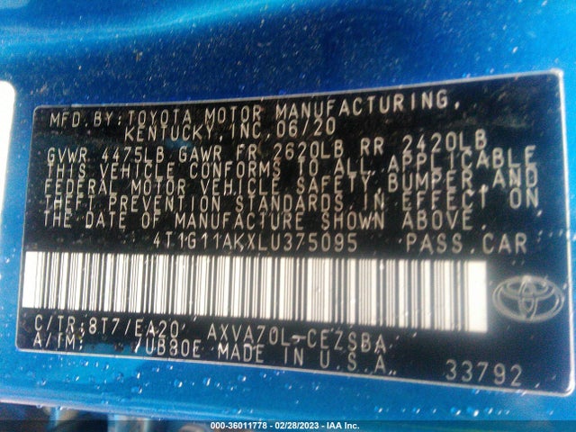 Toyota CAMRY SE 2020 4T1G11AKXLU375095 Image 10