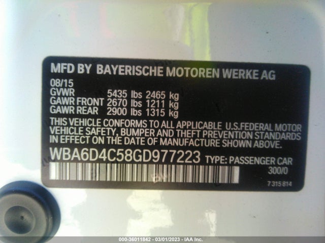 2016 BMW 6 Series, VIN: WBA6D4C58GD977223