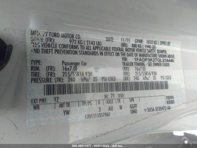 1FADP3K27GL234440 Ford FOCUS SE