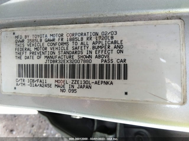 2003 TOYOTA COROLLA CE/LE VIN: JTDBR32EX32007880