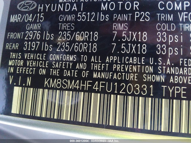 Hyundai Santa Fe Gls 2015 KM8SM4HF4FU120331 Image 10