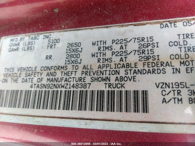 1998 TOYOTA TACOMA VIN: 4TASN92NXWZ148387