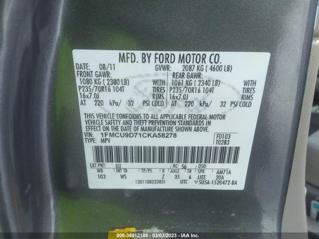2012 FORD ESCAPE XLT VIN: 1FMCU9D71CKA58278
