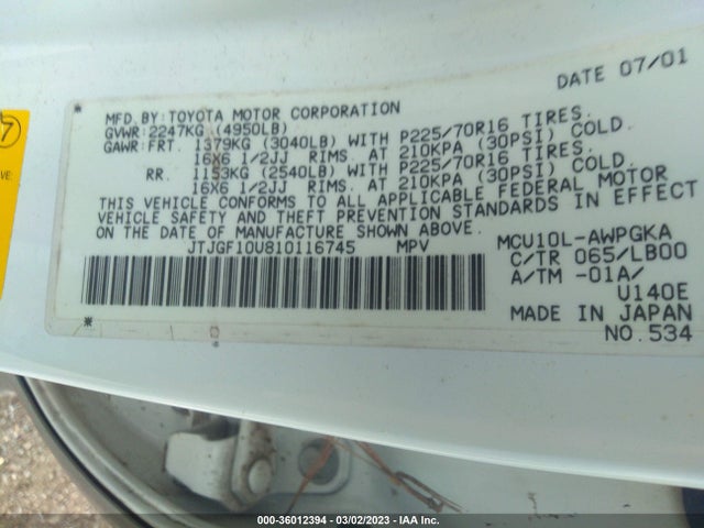 2001 LEXUS RX 300 VIN: JTJGF10U810116745