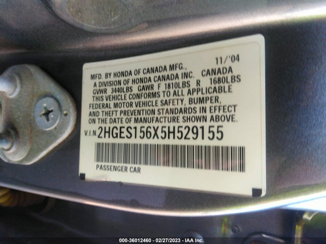 2005 HONDA CIVIC SDN LX SSRS VIN: 2HGES156X5H529155