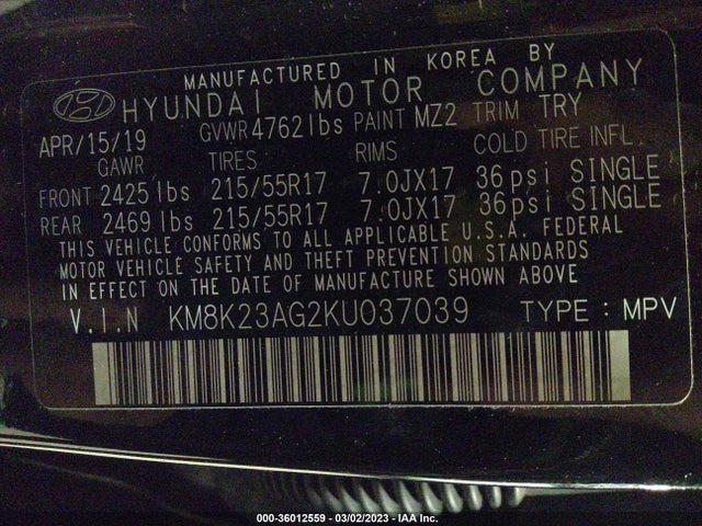 2019 Hyundai Kona, VIN: KM8K23AG2KU037039