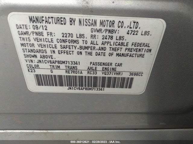 2013 INFINITI G37 SEDAN JOURNEY VIN: JN1CV6AP8DM713341